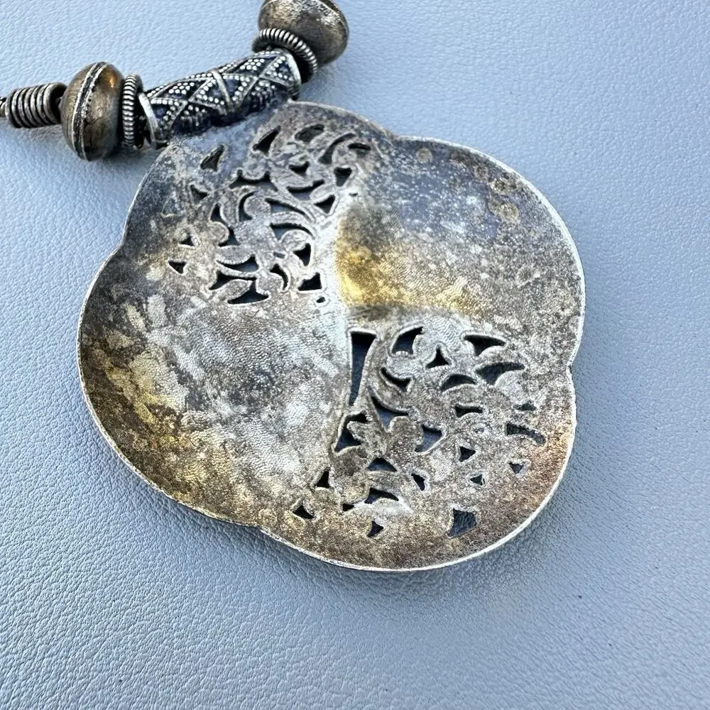 Vintage Moroccan Style Necklace Silver Medallion Statement Ethnic Tribal 19”